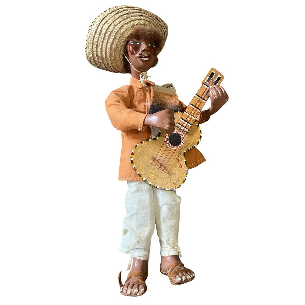 Vintage Mexican Folk ART Doll 14" Male Musician With Guitar Sombrero & Serape